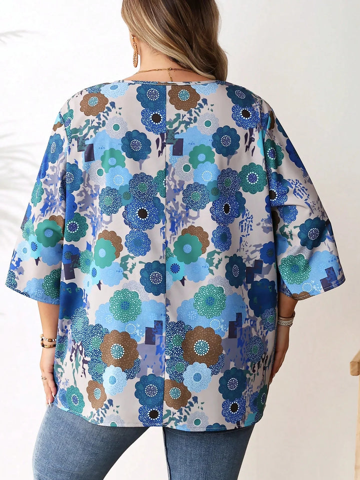 Blusa casual oversize para mujer, estampado en toda la superficie, cuello redondo, mangas 3/4