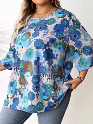 Blusa casual oversize para mujer, estampado en toda la superficie, cuello redondo, mangas 3/4