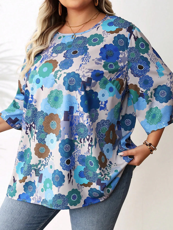 Blusa casual oversize para mujer, estampado en toda la superficie, cuello redondo, mangas 3/4