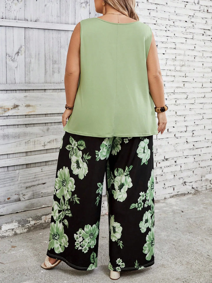 Conjunto de 2 piezas, ropa casual para mujer en tallas cómodas con estampado floral, top de cuello redondo y pantalones anchos, estilo boho para vacaciones de verano