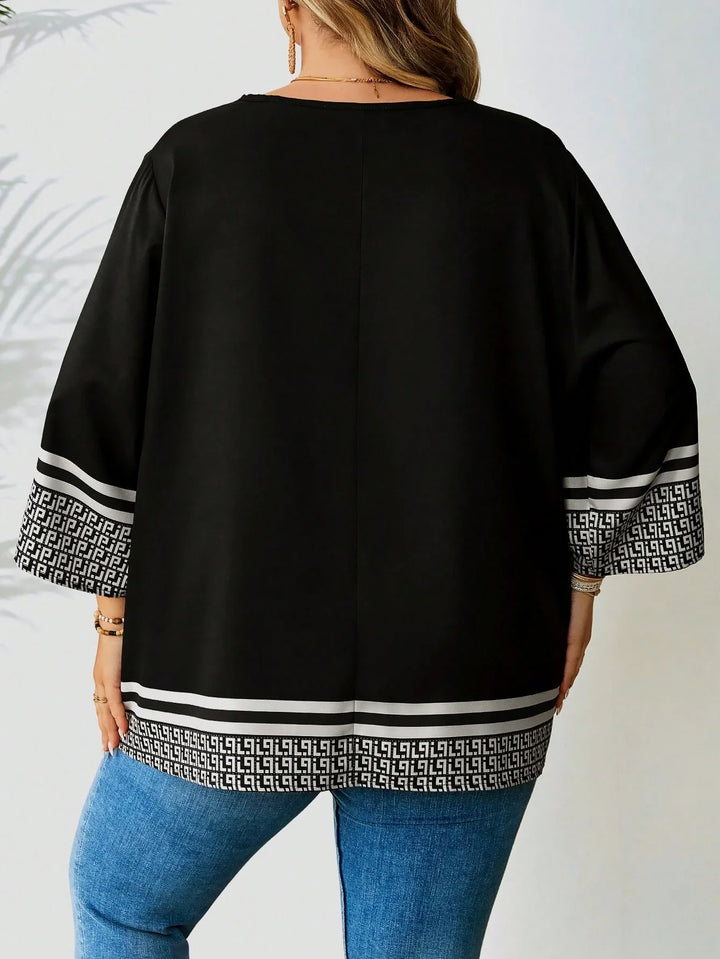 Camiseta casual amplia con estampado integral, escote redondo, mangas de 3/4 para tallas grandes de mujer
