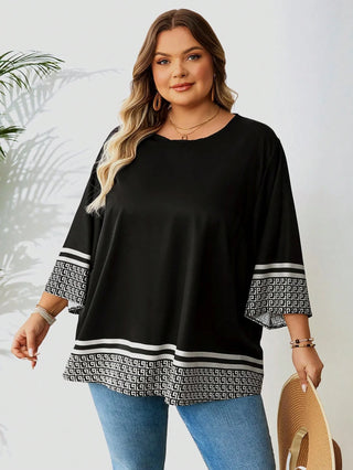Camiseta casual amplia con estampado integral, escote redondo, mangas de 3/4 para tallas grandes de mujer