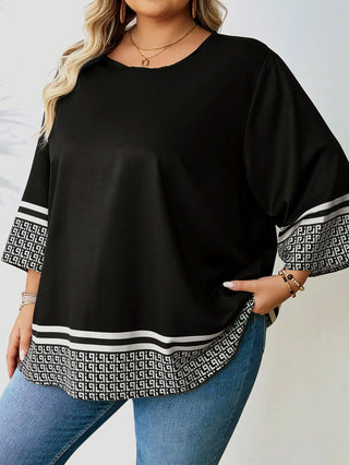 Camiseta casual amplia con estampado integral, escote redondo, mangas de 3/4 para tallas grandes de mujer