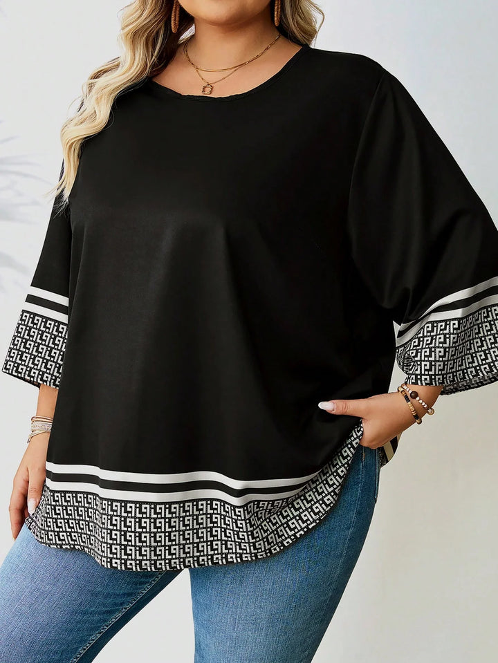 Camiseta casual amplia con estampado integral, escote redondo, mangas de 3/4 para tallas grandes de mujer