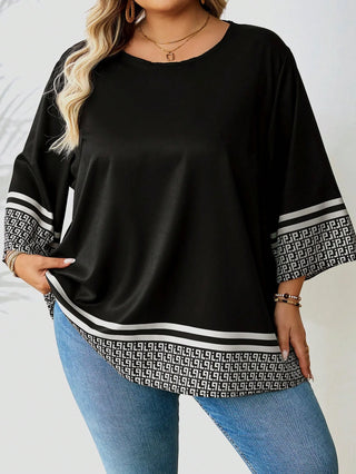 Camiseta casual amplia con estampado integral, escote redondo, mangas de 3/4 para tallas grandes de mujer