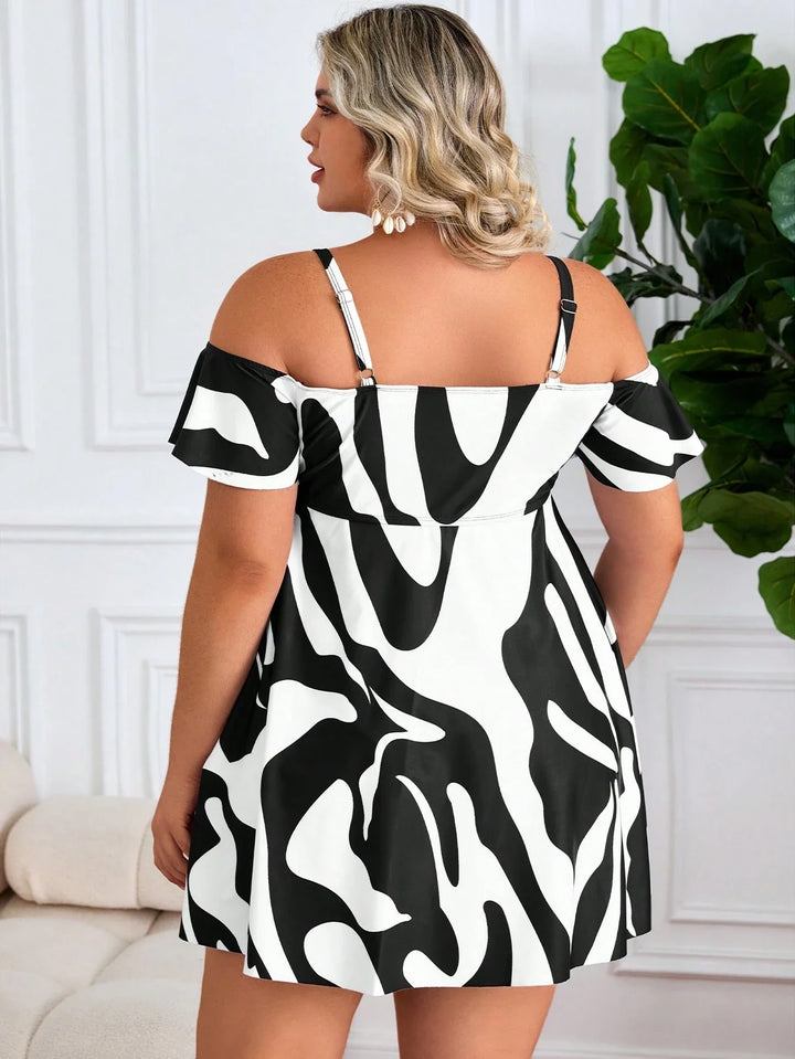 Conjunto de 2 piezas de traje de baño tankini con volantes, estampado abstracto, cubriente, diseño cruzado en la parte delantera, talla curvy mujer