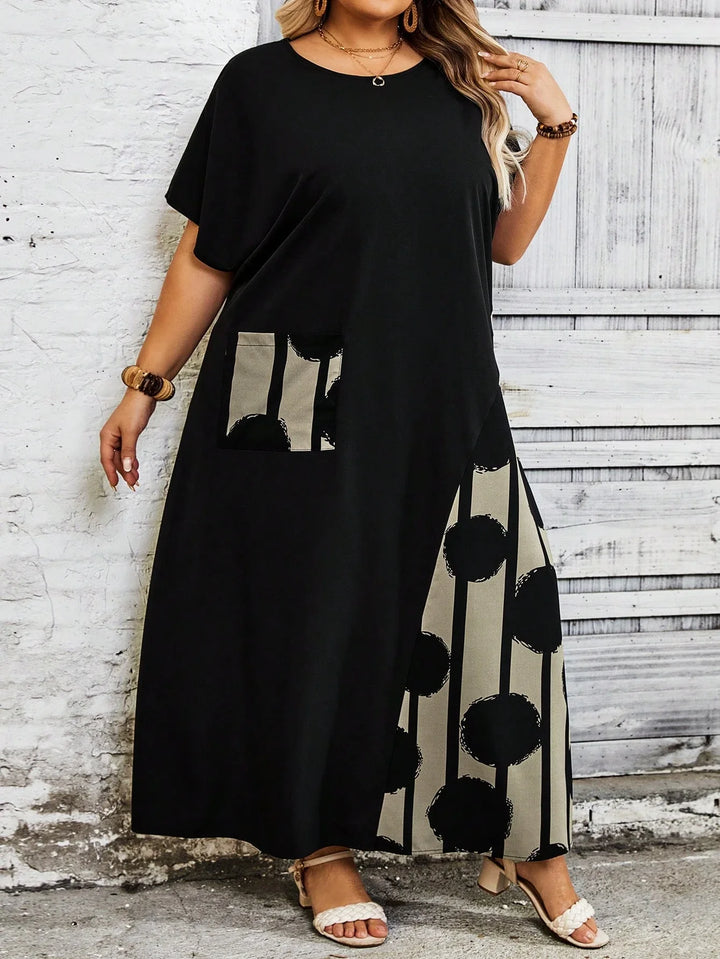 Vestido de mujer tallas grandes, a bloques de color, con estampado patchwork, adecuado para vacaciones y uso casual