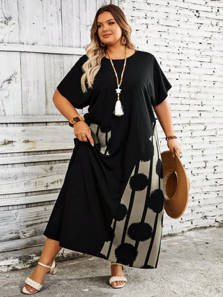 Vestido de mujer tallas grandes, a bloques de color, con estampado patchwork, adecuado para vacaciones y uso casual