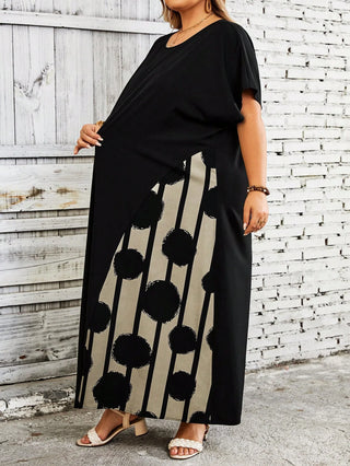 Vestido de mujer tallas grandes, a bloques de color, con estampado patchwork, adecuado para vacaciones y uso casual
