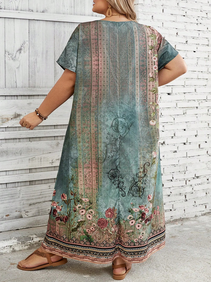 Vestido largo de mujer talla grande con estampado floral verde, adecuado para vacaciones y uso casual, estilo boho de verano