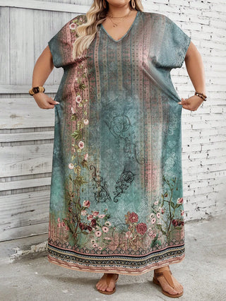 Vestido largo de mujer talla grande con estampado floral verde, adecuado para vacaciones y uso casual, estilo boho de verano