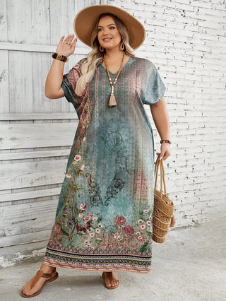 Vestido largo de mujer talla grande con estampado floral verde, adecuado para vacaciones y uso casual, estilo boho de verano