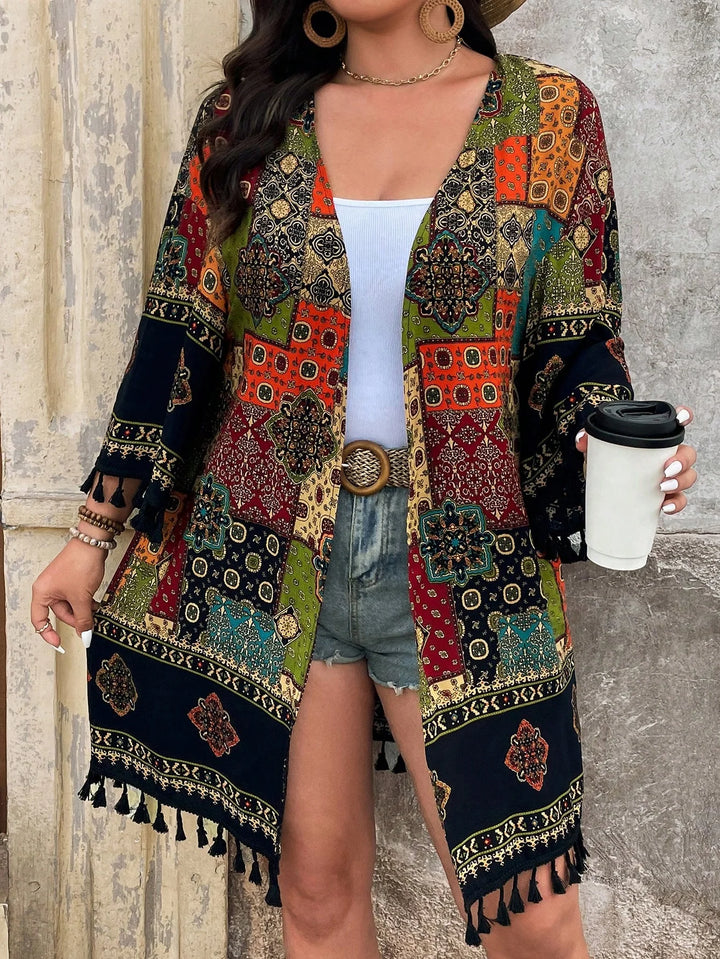 Cárdigan con estampado vintage y flecos en el fondo