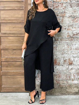 Conjunto casual de verano de dos piezas, camisa y pantalones con dobladillo asimétrico, en color sólido, tallas grandes