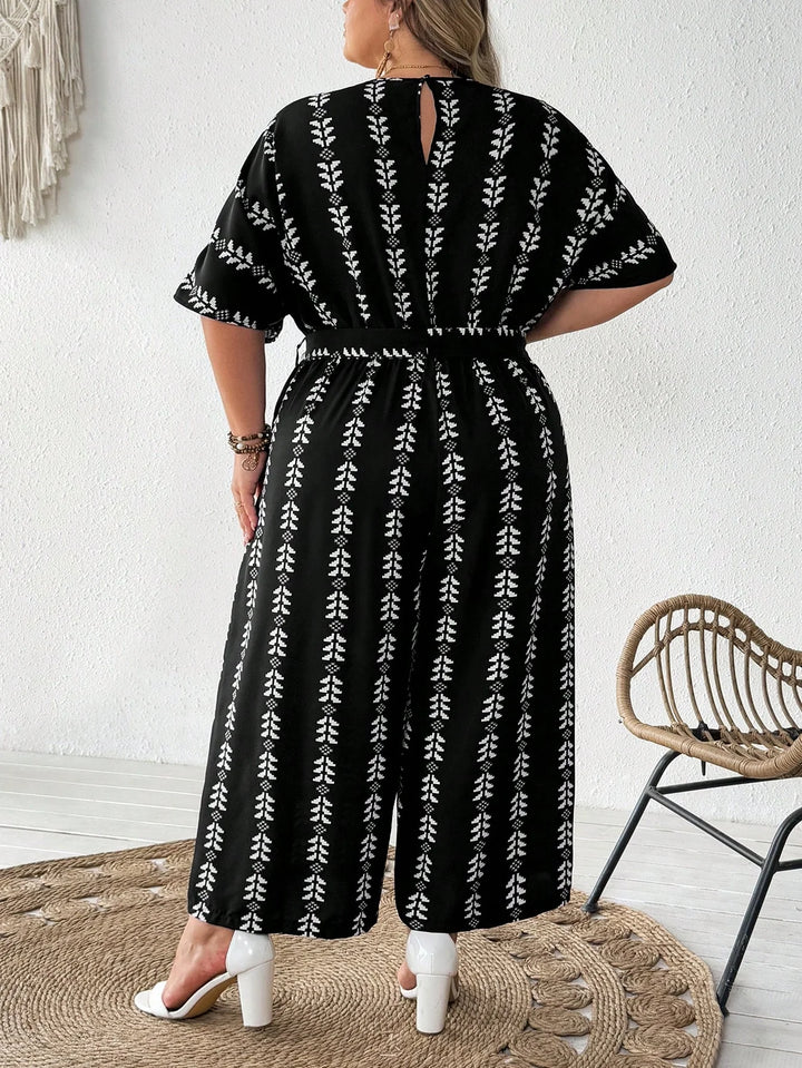 Mono entero con escote en V y estampado integral, estilo boho, de vacaciones, tallas cómodas para mujeres