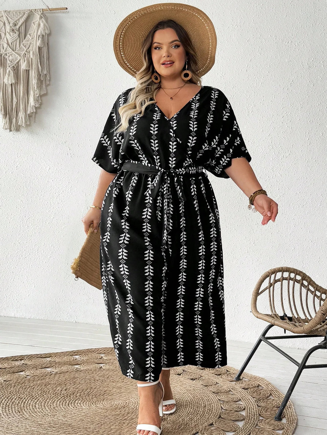 Mono entero con escote en V y estampado integral, estilo boho, de vacaciones, tallas cómodas para mujeres