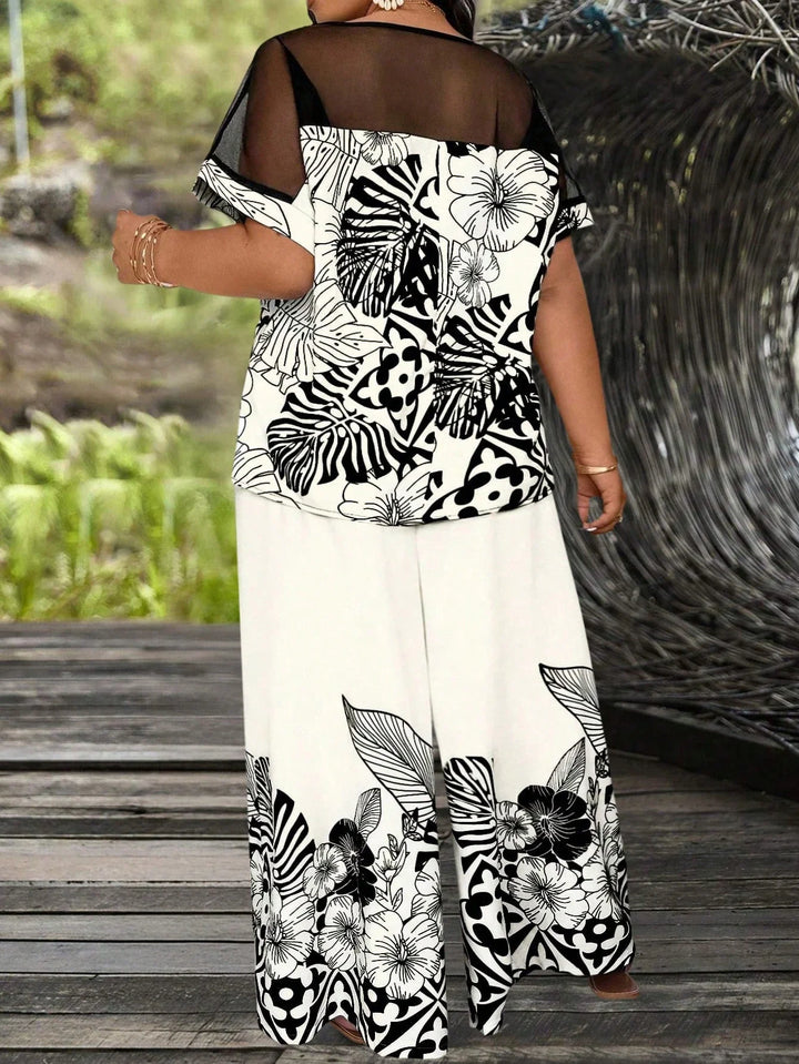 Conjunto de top y pantalones casuales en talla cómoda, con estampado de plantas e inserciones de malla, estilo vacaciones