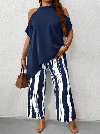 Conjunto completo casual con top de dobladillo asimétrico y pantalones de cintura elástica con estampado digital, talla cómoda
