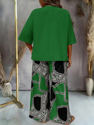 Conjunto Casual Mujer Tallas Grandes, Top de Manga Corta Escote en V Sólido y Pantalones con Estampado, adecuado para mujeres con sobrepeso