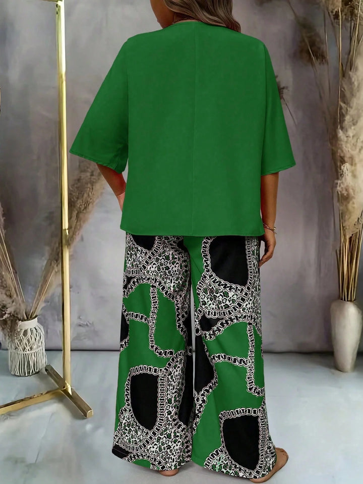Conjunto Casual Mujer Tallas Grandes, Top de Manga Corta Escote en V Sólido y Pantalones con Estampado, adecuado para mujeres con sobrepeso