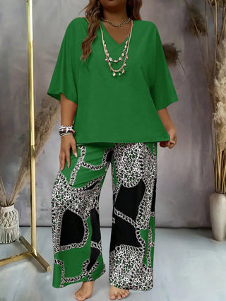 Conjunto Casual Mujer Tallas Grandes, Top de Manga Corta Escote en V Sólido y Pantalones con Estampado, adecuado para mujeres con sobrepeso