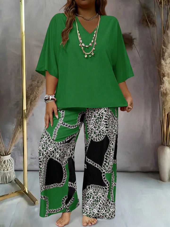 Conjunto Casual Mujer Tallas Grandes, Top de Manga Corta Escote en V Sólido y Pantalones con Estampado, adecuado para mujeres con sobrepeso