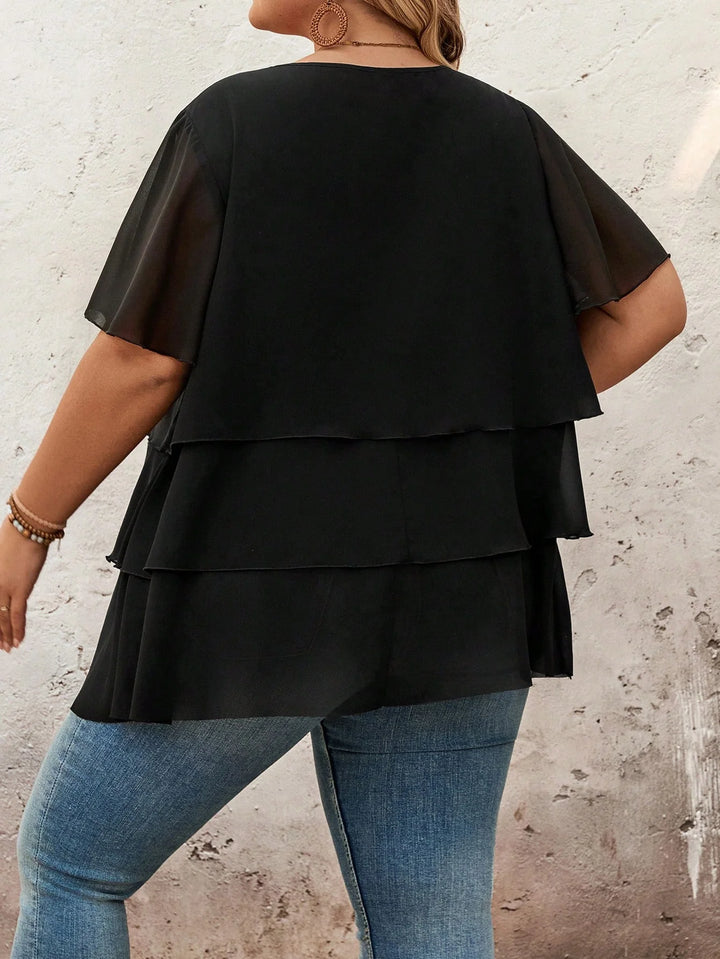 Camiseta oversized de chiffon negro con volantes, mangas cortas, estilo casual, bohemio