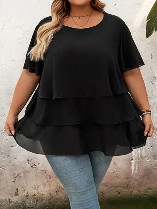 Camiseta oversized de chiffon negro con volantes, mangas cortas, estilo casual, bohemio