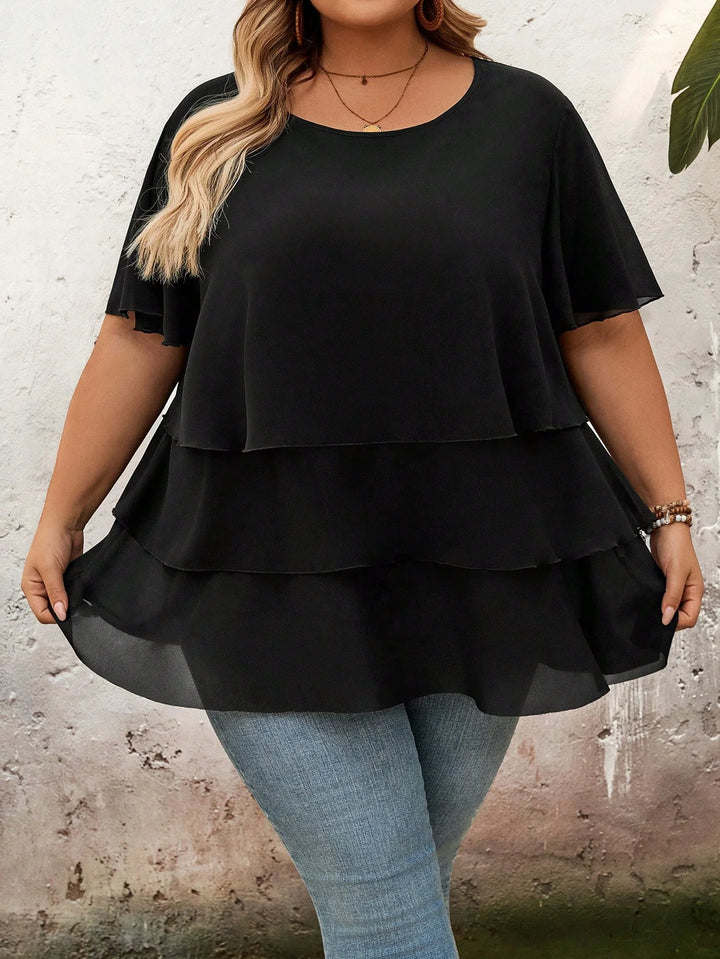 Camiseta oversized de chiffon negro con volantes, mangas cortas, estilo casual, bohemio