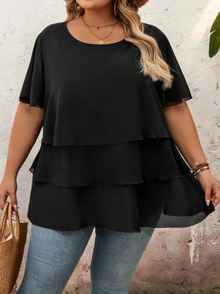 Camiseta oversized de chiffon negro con volantes, mangas cortas, estilo casual, bohemio