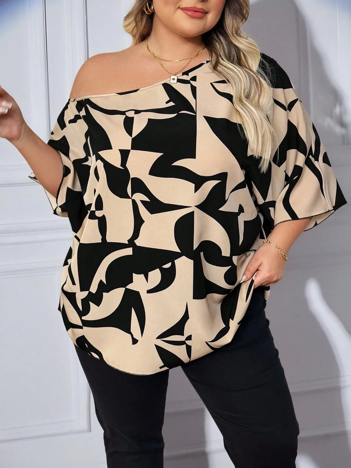 Blusa con hombro asimétrico y estampado geométrico para tallas grandes