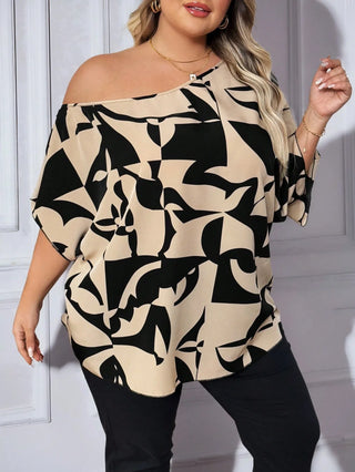 Blusa con hombro asimétrico y estampado geométrico para tallas grandes