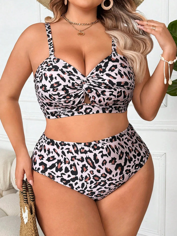 Bikini de mujer tallas grandes con estampado de leopardo, tirantes desmontables, diseño de nudo frontal y aberturas, adecuado para playa/piscina