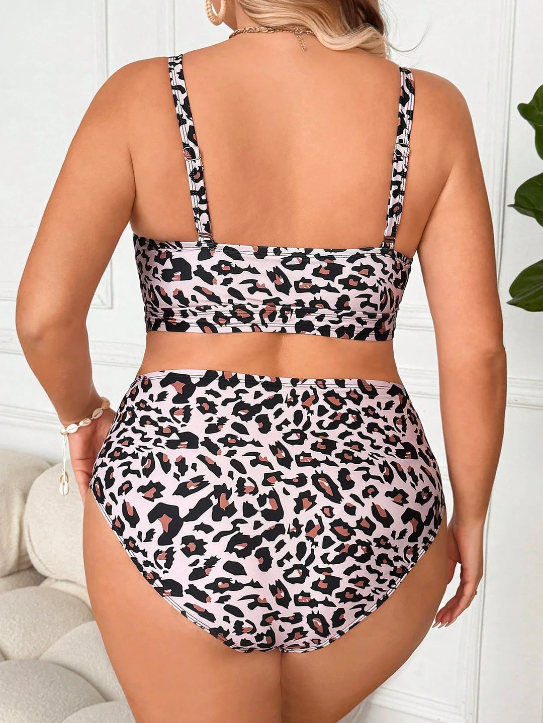 Bikini de mujer tallas grandes con estampado de leopardo, tirantes desmontables, diseño de nudo frontal y aberturas, adecuado para playa/piscina