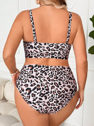 Bikini de mujer tallas grandes con estampado de leopardo, tirantes desmontables, diseño de nudo frontal y aberturas, adecuado para playa/piscina