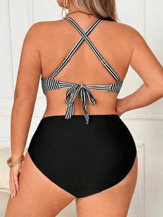 Bañador de dos piezas, tankini con diseño de rayas blancas y negras y cruce en la parte delantera, para mujer talla curvy, adecuado para vacaciones en la playa