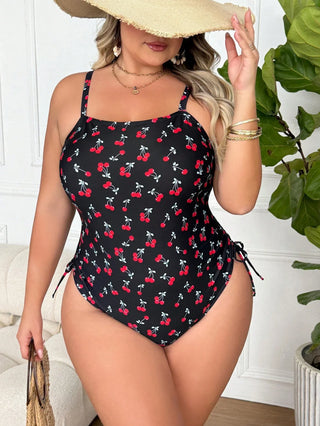 Bañador de una pieza para mujer en tallas grandes, con estampado de cerezas, pliegues laterales y tirantes ajustables, adecuado para vacaciones