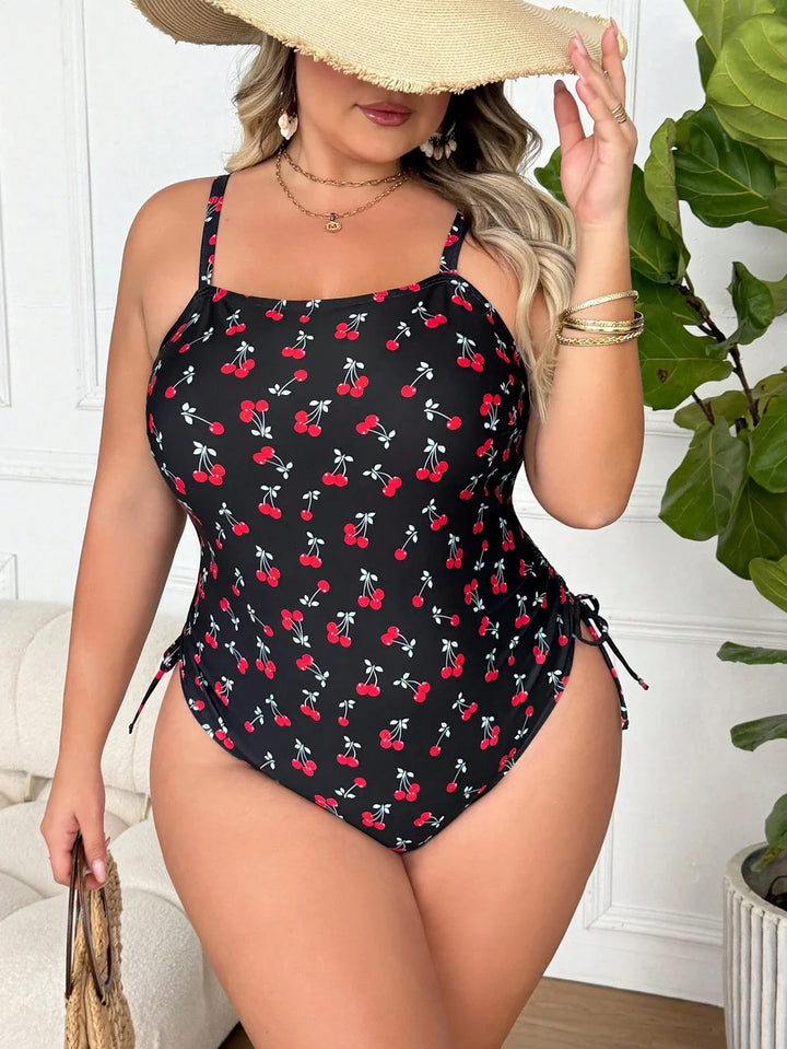 Bañador de una pieza para mujer en tallas grandes, con estampado de cerezas, pliegues laterales y tirantes ajustables, adecuado para vacaciones