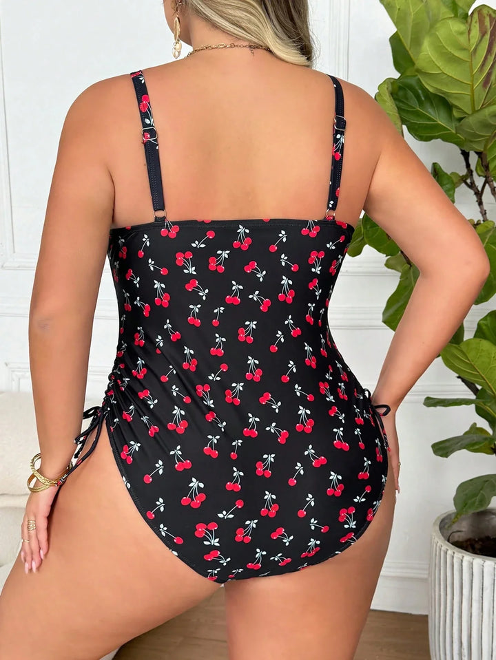 Bañador de una pieza para mujer en tallas grandes, con estampado de cerezas, pliegues laterales y tirantes ajustables, adecuado para vacaciones