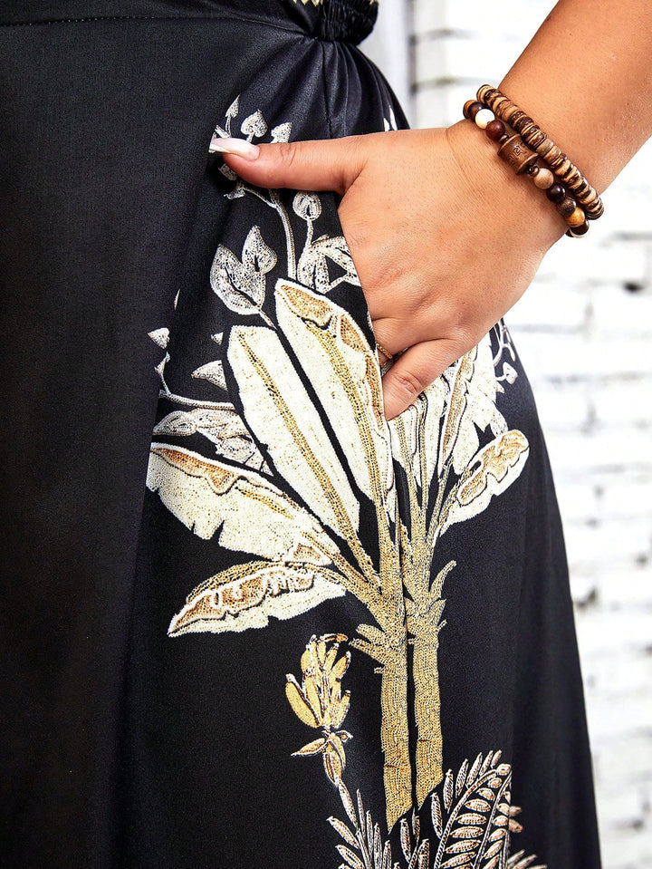 Mono elegante sin mangas estilo boho, tallas grandes, con estampado de árboles de plátano y coco