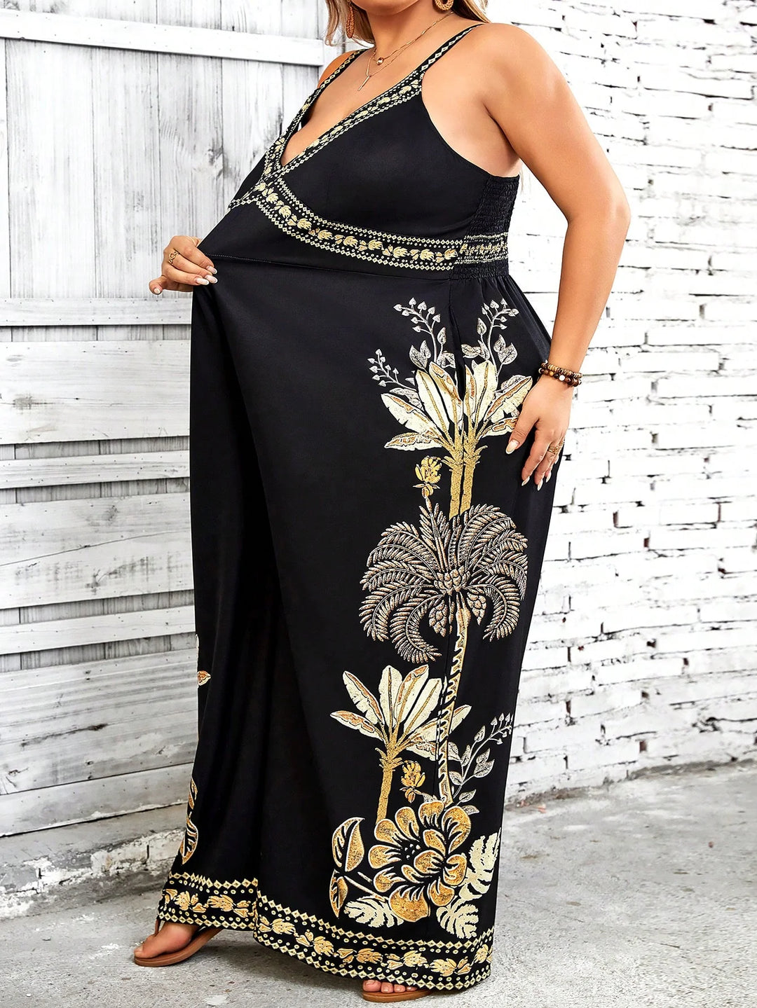Mono elegante sin mangas estilo boho, tallas grandes, con estampado de árboles de plátano y coco