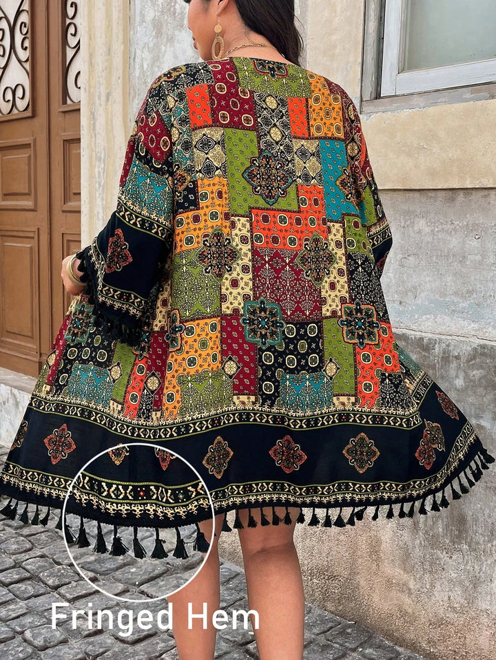 Cárdigan con estampado vintage y flecos en el fondo