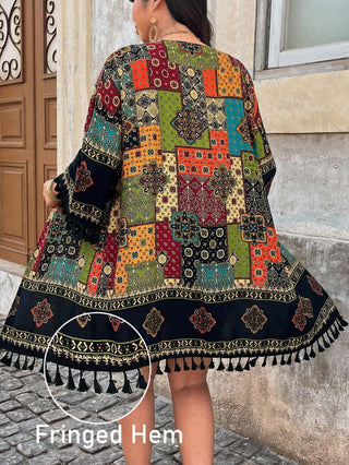 Cárdigan con estampado vintage y flecos en el fondo