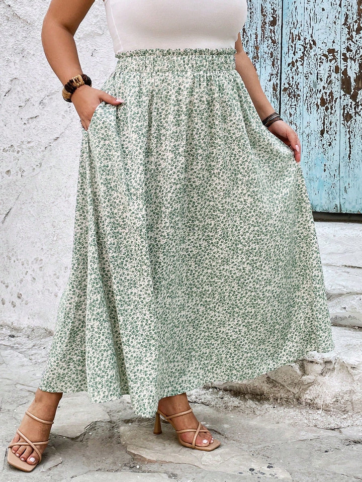 Vestido largo en vida alta con fantasía floral verde para tallas curvy, plus size