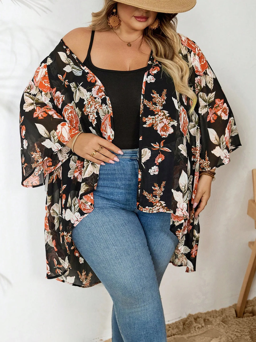 Cardigan largo negro casual y amplio de encaje para mujeres,