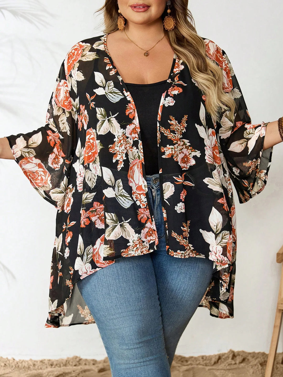 Cardigan largo negro casual y amplio de encaje para mujeres,