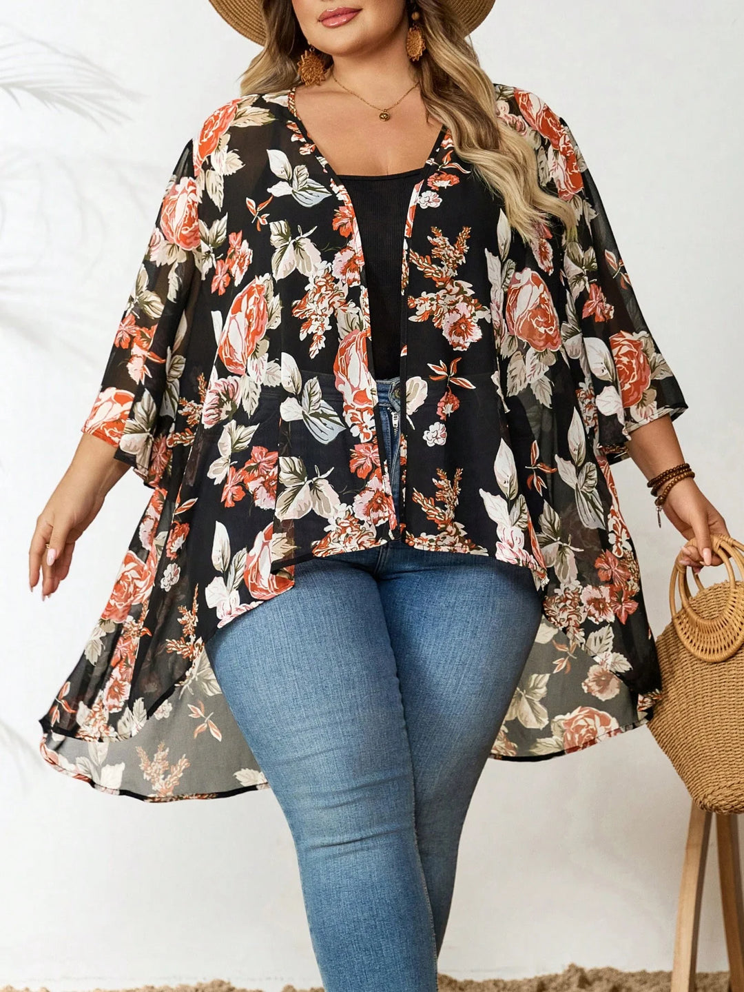 Cardigan largo negro casual y amplio de encaje para mujeres,