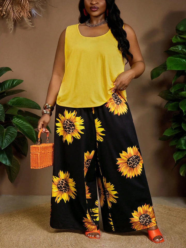Conjunto de 2 piezas para mujer tallas grandes, top sin mangas con escote redondo y pantalones cortos con estampado de girasoles
