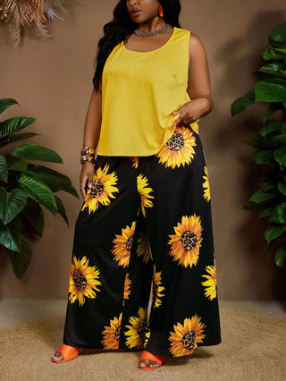 Conjunto de 2 piezas para mujer tallas grandes, top sin mangas con escote redondo y pantalones cortos con estampado de girasoles