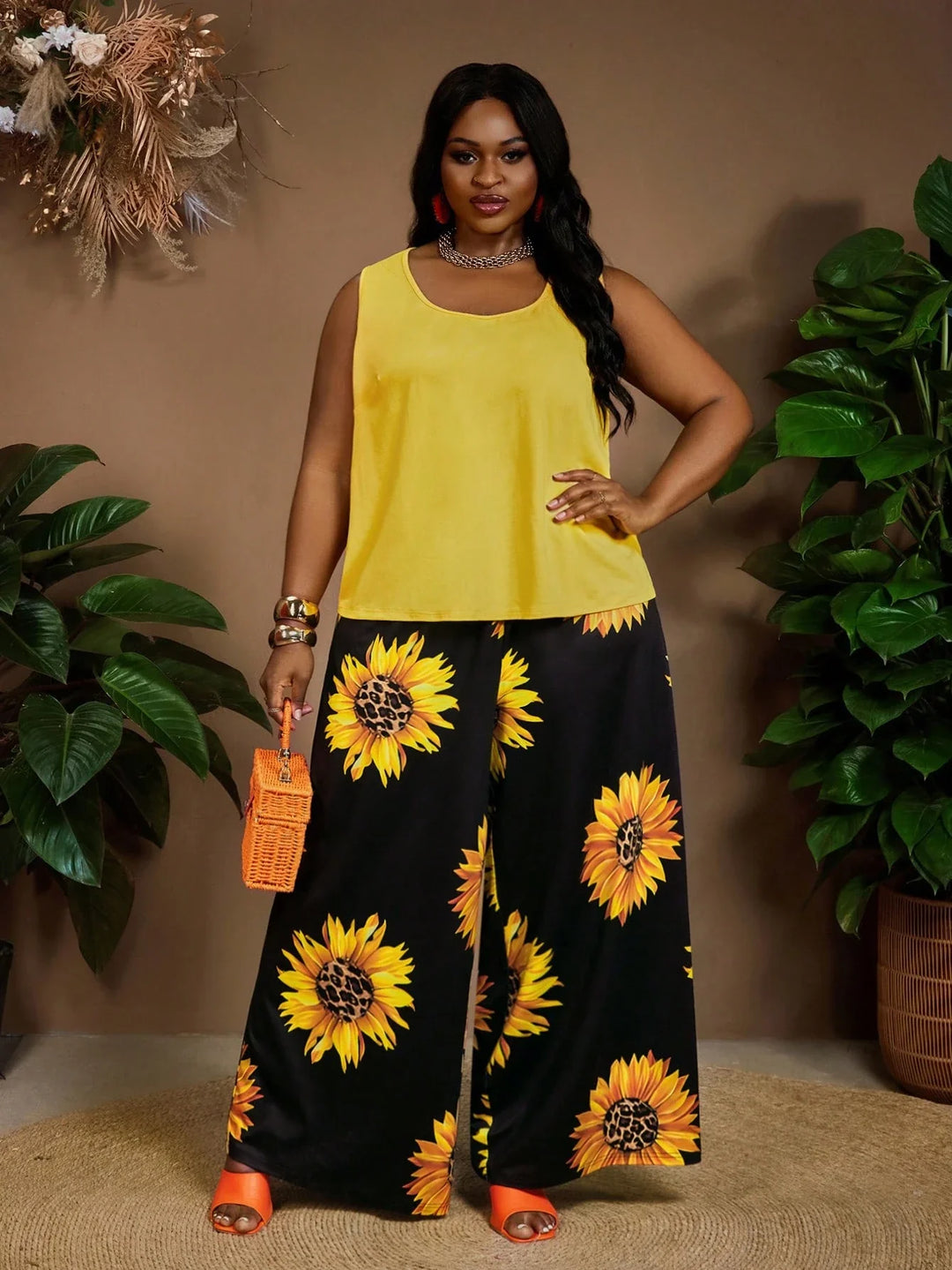 Conjunto de 2 piezas para mujer tallas grandes, top sin mangas con escote redondo y pantalones cortos con estampado de girasoles